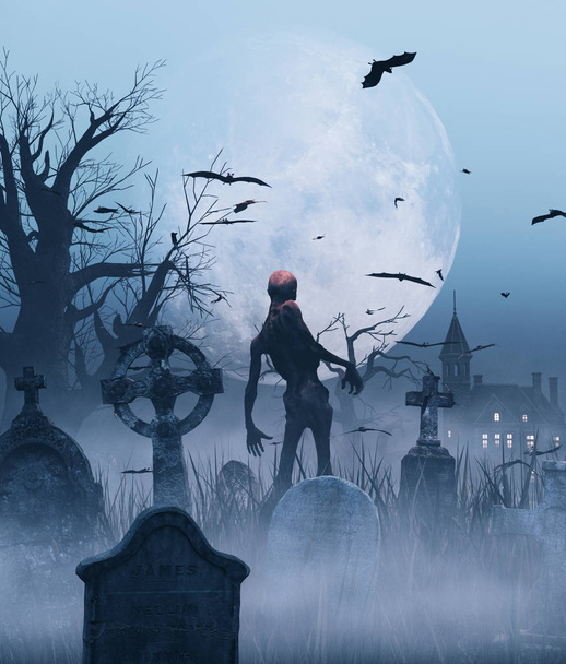 Undead in graveyard scene, 3d rendering
 - Фото, изображение