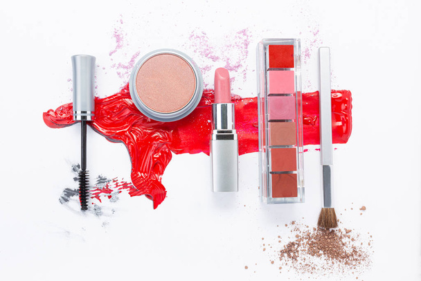 Composition with different makeup products on white background, top view. beauty products and fashion concept. - 写真・画像