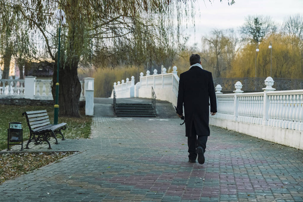 Herbst Jahreszeit morgens Mann in schwarzem Mantel zurück zur Kamera zu Fuß zur Arbeit Park im Freien gepflasterte Straße entlang Bank und kahlen Bäumen, Einsamkeit launisch depressive Atmosphäre - Foto, Bild