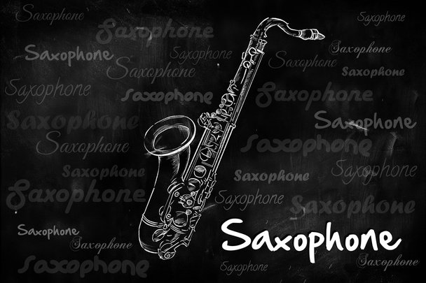 Saxophone typography sketching on blackboard - Foto, afbeelding