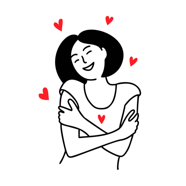Kobieta przytulająca się z sercami na białym tle. Kochaj siebie. Uwielbiam twoją koncepcję ciała. Ilustracja wektora. - Wektor, obraz