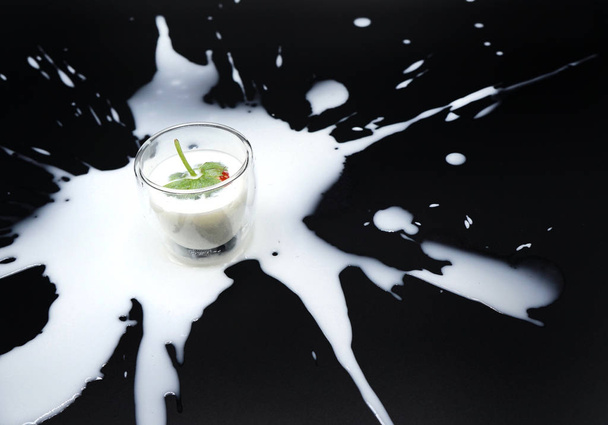 Una fragola fresca nel bicchiere di latte con spruzzi di latte sullo sfondo nero
 - Foto, immagini