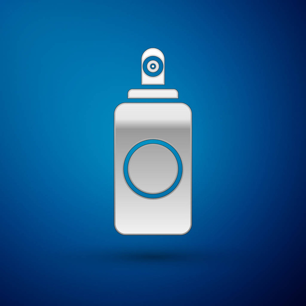 Ezüst spray doboz légfrissítő, hajlakk, dezodor, izzadásgátló ikon elszigetelt kék alapon. Vektorillusztráció - Vektor, kép