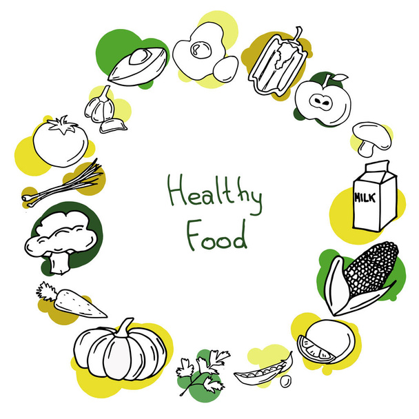 Hand drawn healthy food stylized. Line art.Isolated vector elements with colored green and yellow points. Egg, pepper, apple, mushroom, milk, corn, orange,peas, parsley, pumpkin, carrot,broccoli - Vector, Image