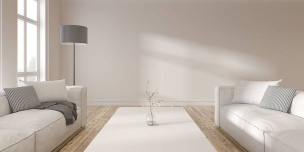 Perspektíva a modern skandináv nappali stílus fehér kanapéval és lámpa a természetben, napfény vetett árnyék a szobában, fa belső kialakítás - 3d renderelés. - Fotó, kép