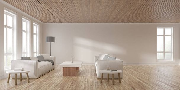 Modern İskandinav oturma odası tarzı beyaz kanepe ve arka planda lamba, odada güneş ışığı gölgesi, kereste iç tasarımı - 3D görüntüleme. - Fotoğraf, Görsel