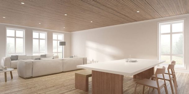 Beyaz kanepe ve yemek masası olan modern İskandinav oturma odası tarzı, odada güneş ışığı gölgesi, kereste iç tasarımı 3D. - Fotoğraf, Görsel