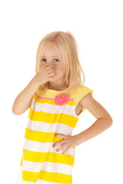 Young girl holding her nose keeping from a stinky smell funny - Φωτογραφία, εικόνα