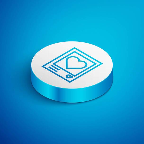 Isometric line Blanks photo frames and hearts icon isolated on blue background. Valentines Day symbol. White circle button. Vector Illustration - Vector, Image