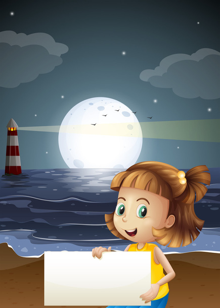 Милая маленькая девочка держит пустую вывеску на пляже
 - Вектор,изображение