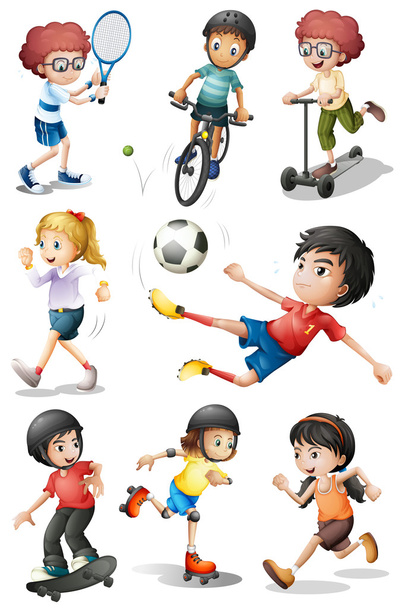τα παιδιά που ασκούν διαφορετικές αθλητικές δραστηριότητες - Διάνυσμα, εικόνα