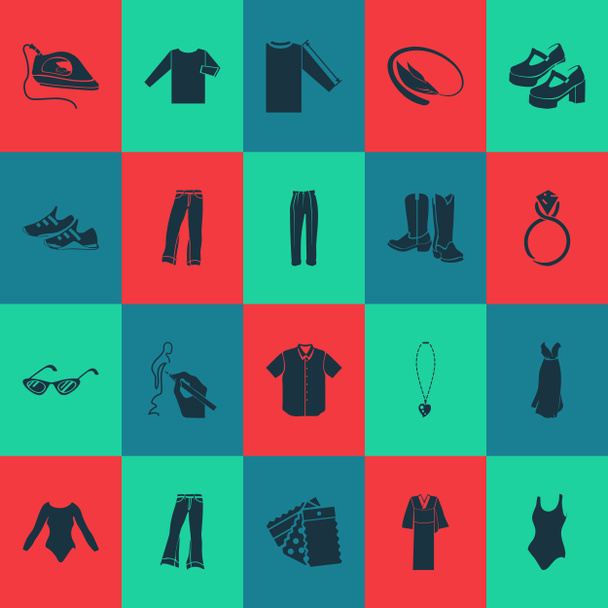Модные иконы с джинсами, ковбойскими сапогами, платформенной обувью и другими элементами размера рубашки. Изолированные иллюстрации
. - Фото, изображение
