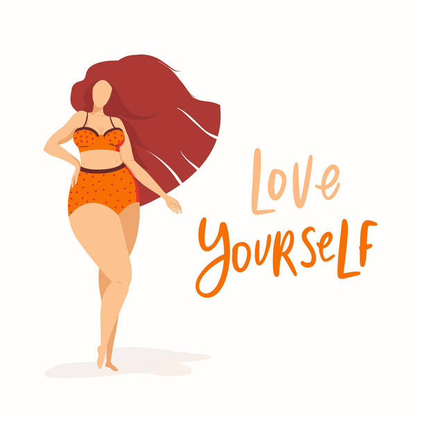 Body positive poster with trendy hand drawn lettering Love yourself . Girl with beautiful hair against a background of green leaves and plants. Female characters. Feminism quote - Vector, Image