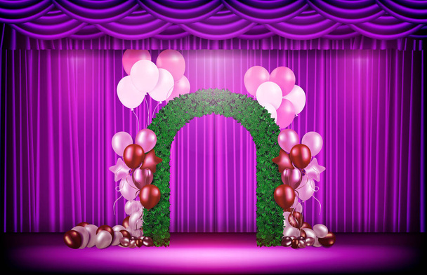 紫色のカーテンと結婚式の性質のアーチと風船の抽象的な背景 - ベクター画像