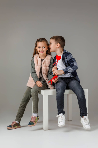 couple child girl and boy in fashionable clothes - Фото, изображение