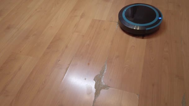 Robot odkurzacz toczy się po domu, sprzątanie domu przy użyciu elektroniki - Materiał filmowy, wideo