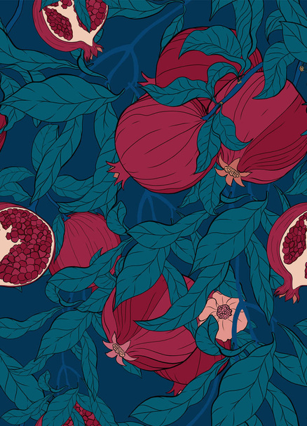 Vector seamless pattern with pomegranate branch with fruits and flowers on blue. - Vector, Imagen