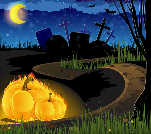 Burning pumpkins on the old cemetery - Вектор, зображення