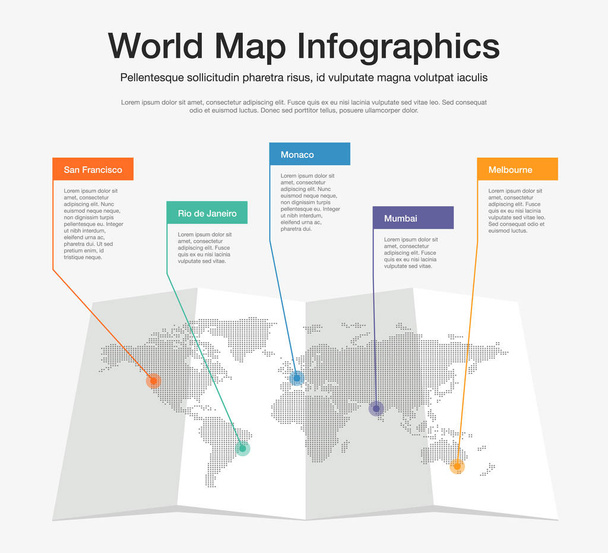 World map colorful info graphics template with pointer marks. - Vektör, Görsel