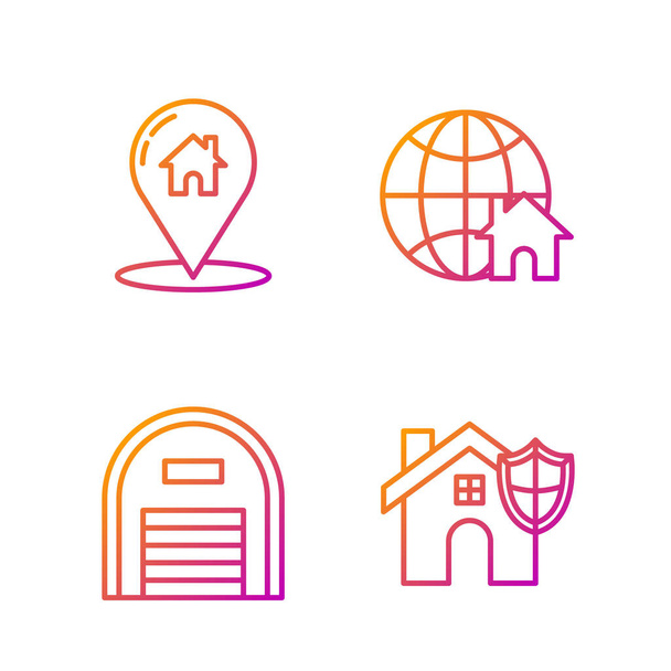 Linienhaus mit Schild, Lager, Kartenzeiger mit Haus und Globus mit Haussymbol. Farbverlauf-Symbole. Vektor - Vektor, Bild