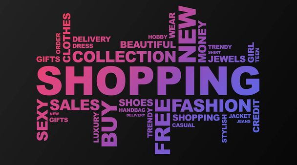 Shoppailu Wordcloud mustalla taustalla Violet Sanat, Panorama
 - Valokuva, kuva