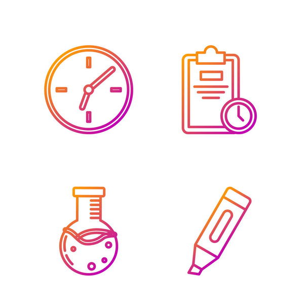 Set línea rotulador, tubo de ensayo y laboratorio químico matraz, reloj y hoja de examen con reloj. Iconos de color degradado. Vector
 - Vector, Imagen