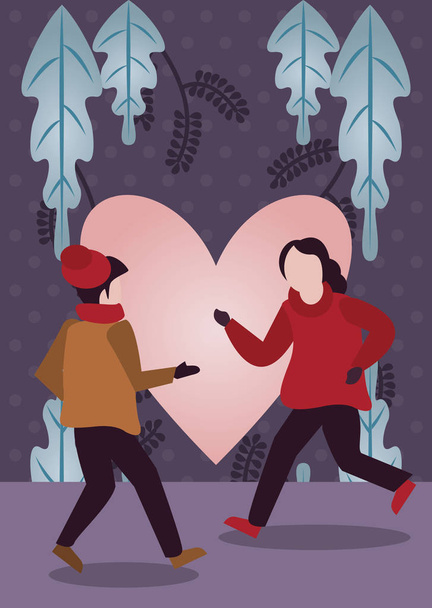 νέοι εραστές ζευγάρι με χειμωνιάτικα ρούχα και την εποχή του έρωτα - Διάνυσμα, εικόνα
