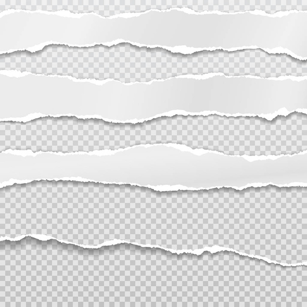 Torn, ripped pieces of horizontal blue and white paper with soft shadow are on grey squared background for text. Vector illustration - Vector, Image
