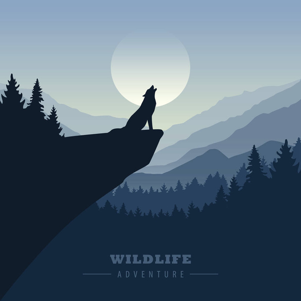 loup sur une falaise hurle à la pleine lune bleu nature paysage
 - Vecteur, image