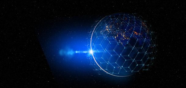 インターネットビジネスのための通信技術。地球の暗号通貨とブロックチェーンとIoTに関する世界的なネットワークと通信。NASAによって提供されたこの画像の要素 - 写真・画像