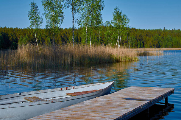 Barco de madera en el muelle en el lago, la isla y el bosque verde
 - Foto, imagen