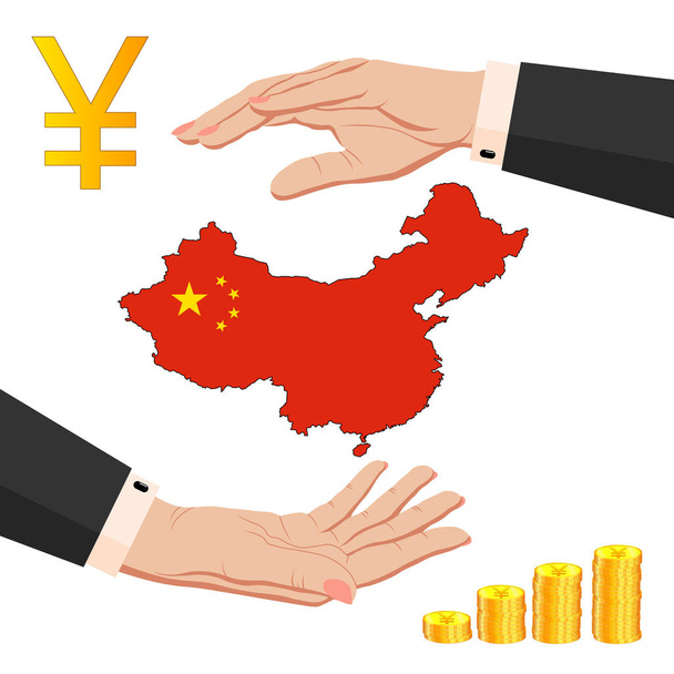 Deux mains féminines autour de la carte de la Chine avec une pile de yuan, y
 - Vecteur, image