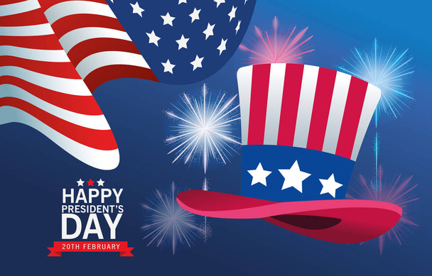 felice giorno dei presidenti poster con cappello a cilindro e bandiera degli Stati Uniti
 - Vettoriali, immagini