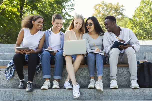 Ryhmä kansainvälisiä opiskelijoita käyttää kannettavaa puistossa
 - Valokuva, kuva