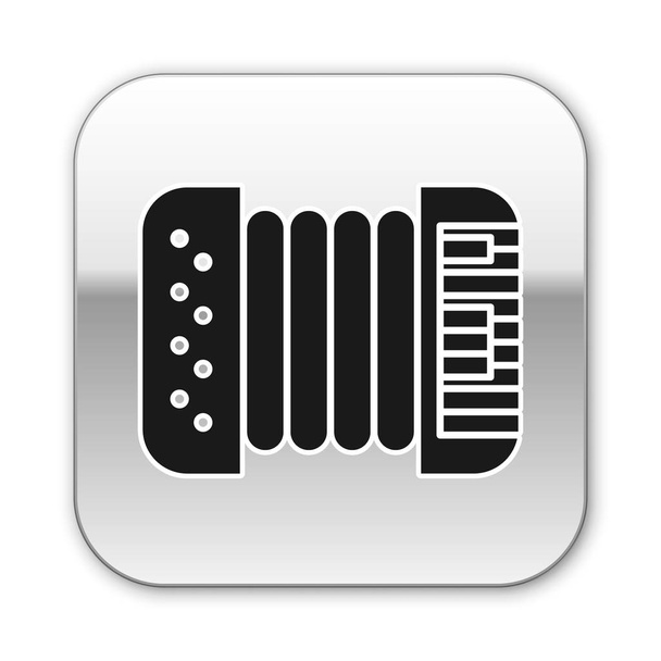 Піктограма акордеону чорних музичних інструментів ізольована на білому тлі. Класичний бій, гармонічний. Срібна квадратна кнопка. Векторна ілюстрація
 - Вектор, зображення