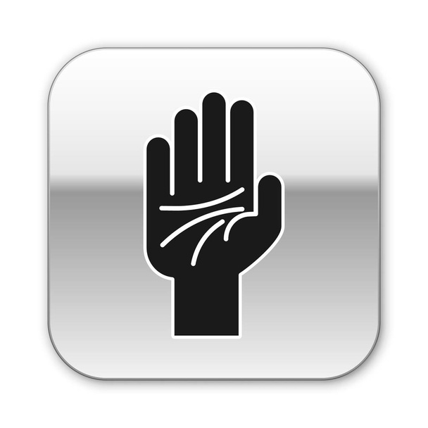 Zwarte Palmistry van de hand pictogram geïsoleerd op witte achtergrond. Zilveren vierkante knop. Vector Illustratie - Vector, afbeelding