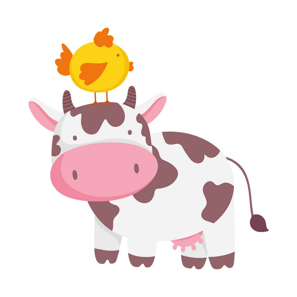 cow and chicken in head farm animal cartoon - ベクター画像