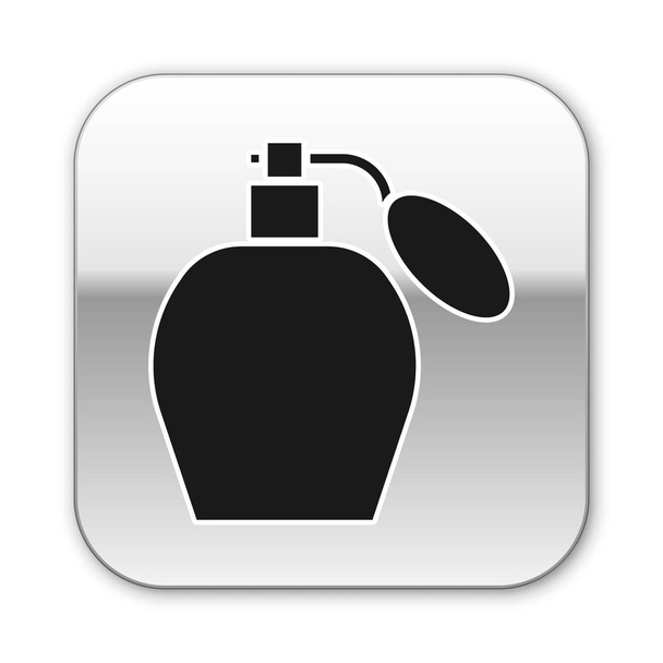 Icono de perfume negro aislado sobre fondo blanco. Botón cuadrado plateado. Ilustración vectorial
 - Vector, Imagen