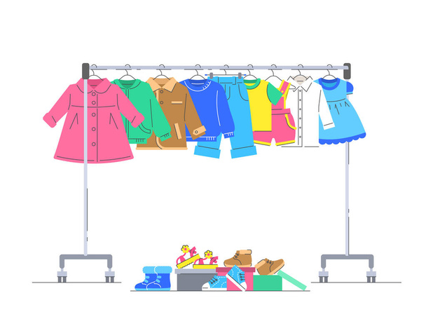 Baby clothes on hanger rack with shoes - Vector, Image