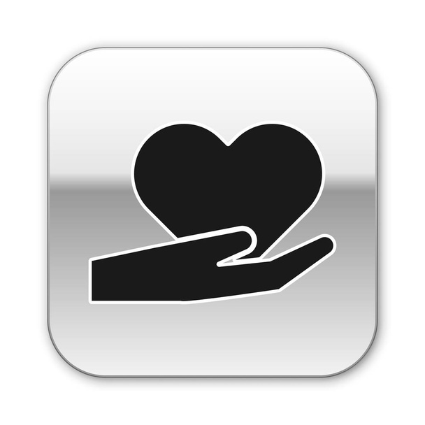白の背景に隔離された手のアイコン上の黒いハート。愛のシンボルを与える手。バレンタインデーのシンボル。銀四角形のボタン。ベクターイラスト - ベクター画像