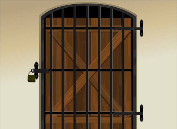Puerta de bodega de madera cerrada con candado
  - Vector, Imagen