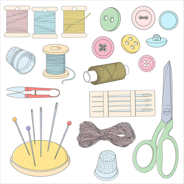 Set with sewing accessories. Colorful vector illustration in sketch style. - Vector, Image