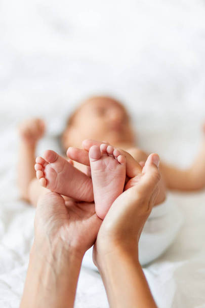 Mother holds newborn baby's bare feet. Tiny feet in woman's hand. Cozy morning at home. - 写真・画像
