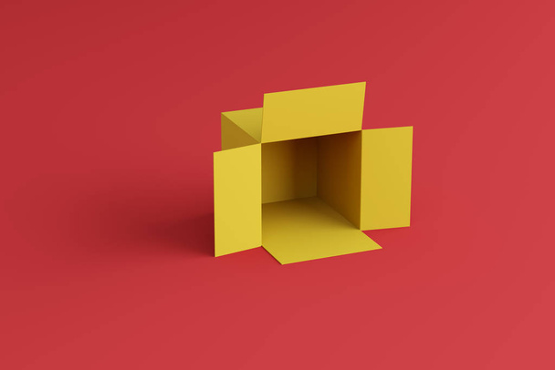 caixa amarela aberta em um fundo vermelho, lugar para texto, lugar para logotipo, papel de parede
 - Foto, Imagem