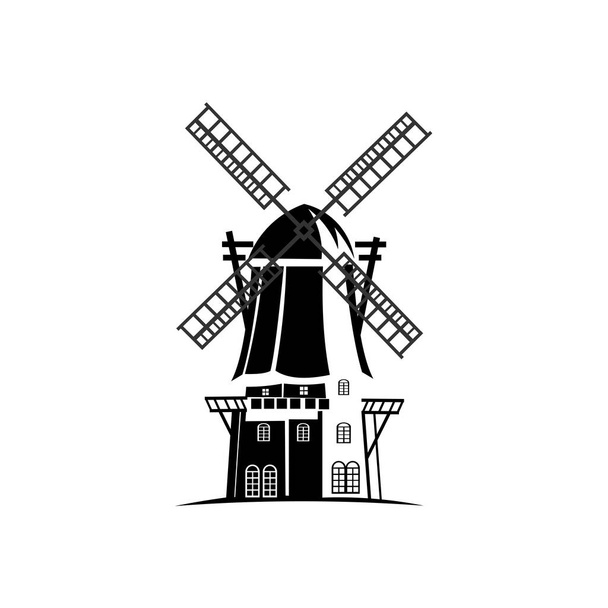 Logo wiatraka lub etykieta Rolnictwo, gospodarstwo, skecz piekarniczy. Vintage wiatrak wektorowy - Wektor, obraz