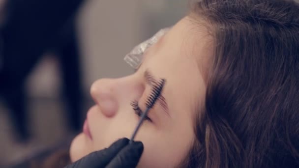 Professional master eyebrow woman removes the film from the eyebrow and removes liquid on the eyebrows in a beauty salon. - Felvétel, videó