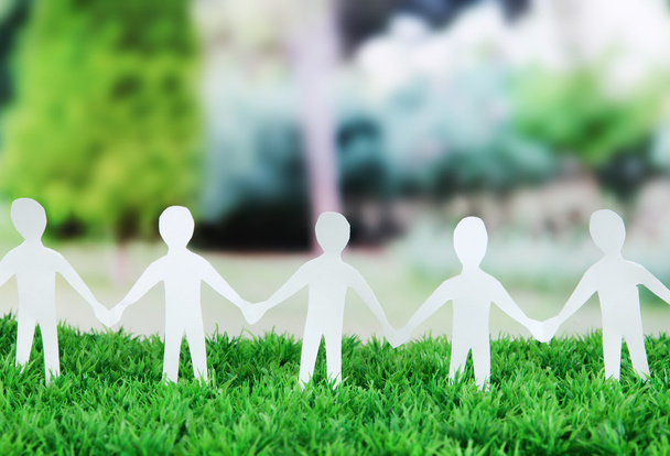 Paper people in social network concept on green grass outdoors - Foto, Bild