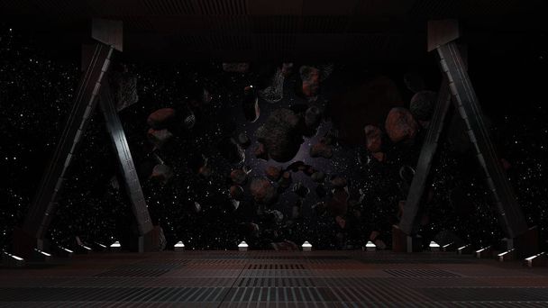 Sci-Fi-Korridor mit Blick auf die Raumgalaxie 3D-Rendering - Foto, Bild