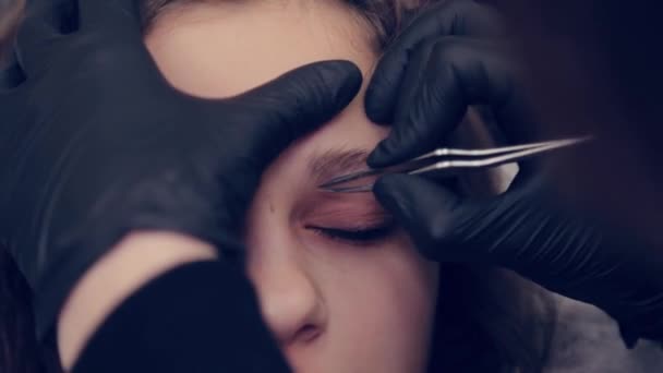 Professional master eyebrow woman plucking eyebrows with tweezers to client in beauty salon. - Footage, Video