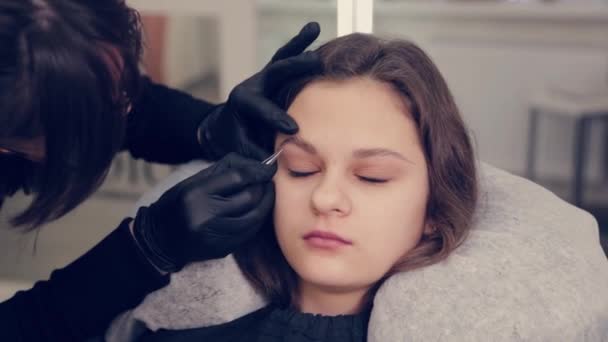 Professional master eyebrow woman plucking eyebrows with tweezers to client in beauty salon. - Footage, Video